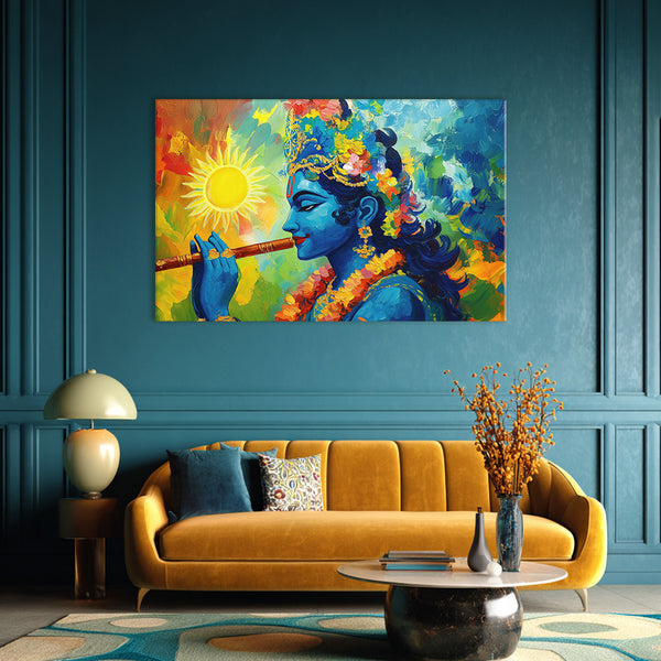 Melody of the Divine Painting | Lord Krishna’s Flute Canvas | Religious Spiritual God Playing Flute Wall Art in Textured Blue for Spiritual Ambience