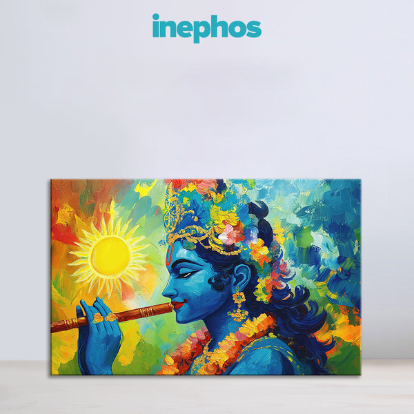 Melody of the Divine Painting | Lord Krishna’s Flute Canvas | Religious Spiritual God Playing Flute Wall Art in Textured Blue for Spiritual Ambience