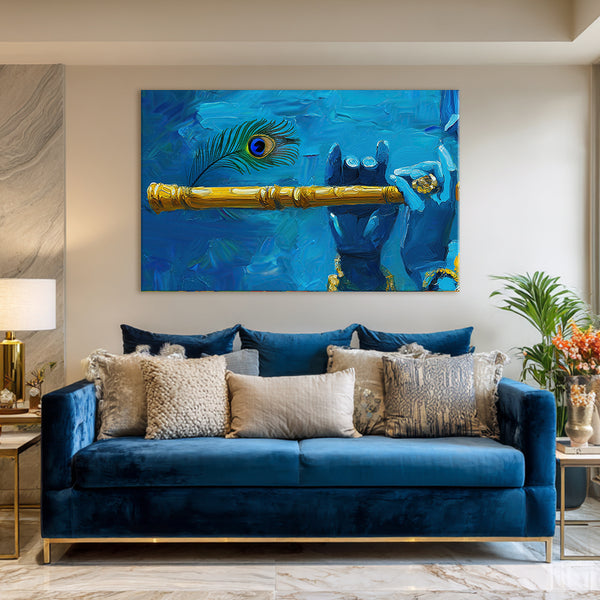 Radiant Krishna Painting | Colorful Abstract Canvas of Lord Krishna with Flute & Feather | Textured Blue Wall Art for Home Décor