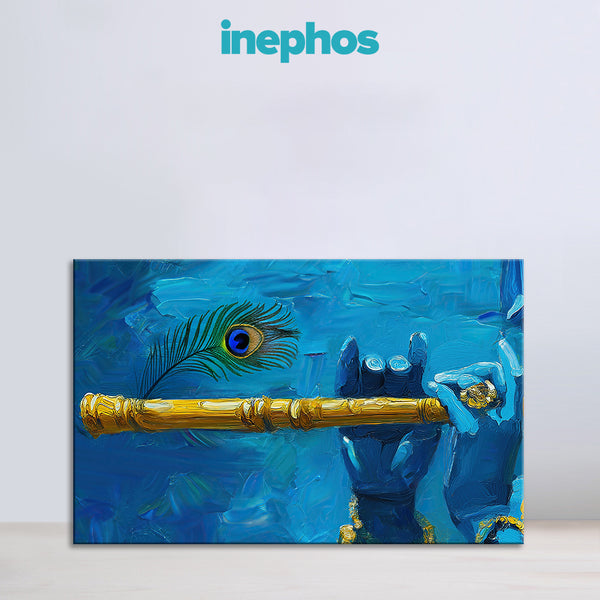 Radiant Krishna Painting | Colorful Abstract Canvas of Lord Krishna with Flute & Feather | Textured Blue Wall Art for Home Décor