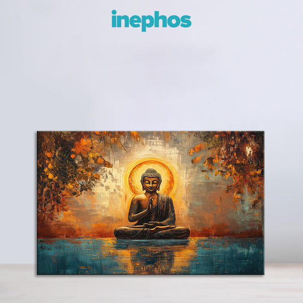 Tranquil Praying Buddha Painting | Serene Meditative Canvas with Golden Aura | Religious Spiritual God Wall Art for Spiritual Home Décor and Peaceful Interiors