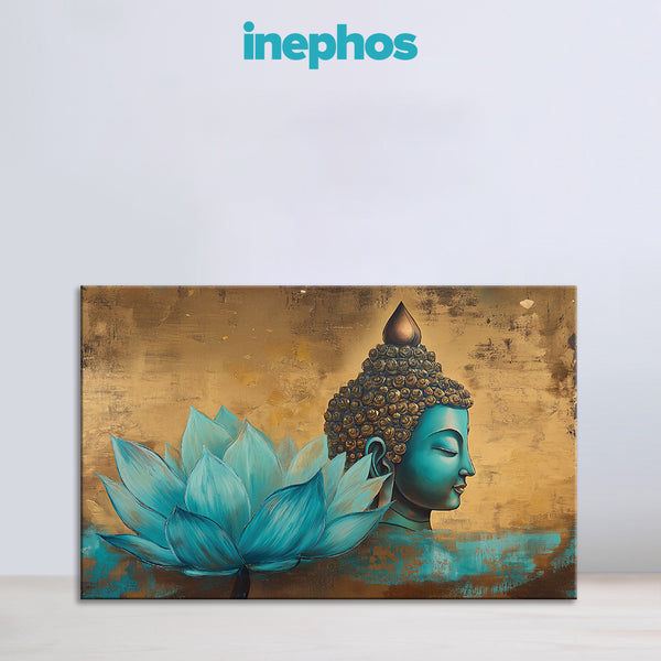 Golden Aura Buddha with Teal Lotus Painting | Zen Buddha Canvas | Spiritual Religious God Floral Wall Art for Living Room & Meditation Corners