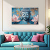 Blue Buddha with Pink Lotus Flowers Painting | Tranquil Buddha Face Canvas for Peaceful Vibes | Religious Spiritual God Floral Wall Art for Meditation & Home Décor