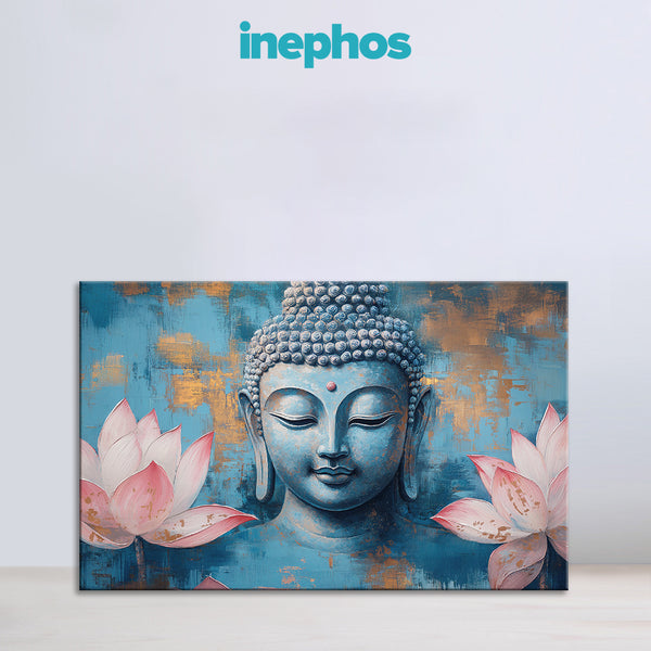 Blue Buddha with Pink Lotus Flowers Painting | Tranquil Buddha Face Canvas for Peaceful Vibes | Religious Spiritual God Floral Wall Art for Meditation & Home Décor