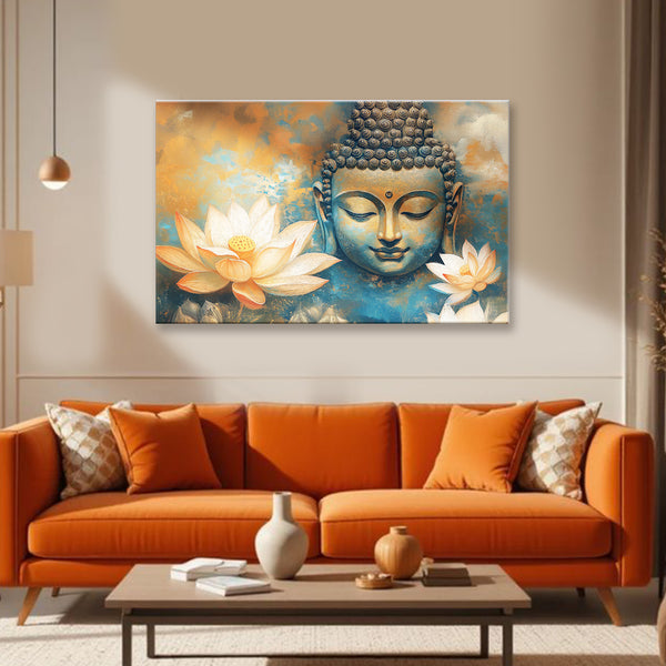 Blue Buddha with Golden Lotus Flowers Painting | Tranquil Buddha Face Canvas for Peaceful Vibes | Religious Spiritual God Floral Wall Art for Meditation & Home Décor