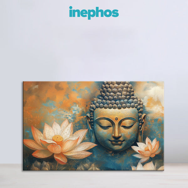 Blue Buddha with Golden Lotus Flowers Painting | Tranquil Buddha Face Canvas for Peaceful Vibes | Religious Spiritual God Floral Wall Art for Meditation & Home Décor