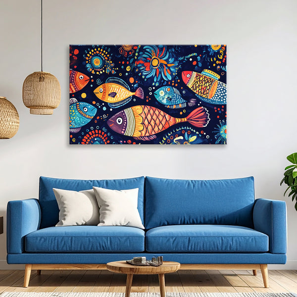 Underwater World Painting | Colorful Fish Folk Art Canvas | Beautiful Vibrant Underworld Creatures Wall Art for Kids Room & Creative Spaces