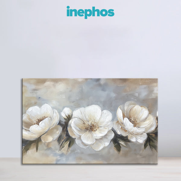 White Floral Harmony Painting | Elegant Blooming Flowers Canvas | 3 White Flowers Wall Art for Bedroom & Modern Home Décor