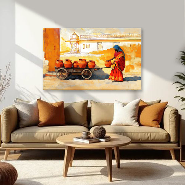 Rajasthani Woman with Clay Pots Paintings | Indian Village Scene Canvas | Traditional Wall Art for Home & Cultural Decor