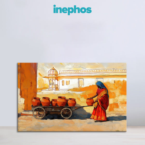 Rajasthani Woman with Clay Pots Paintings | Indian Village Scene Canvas | Traditional Wall Art for Home & Cultural Decor