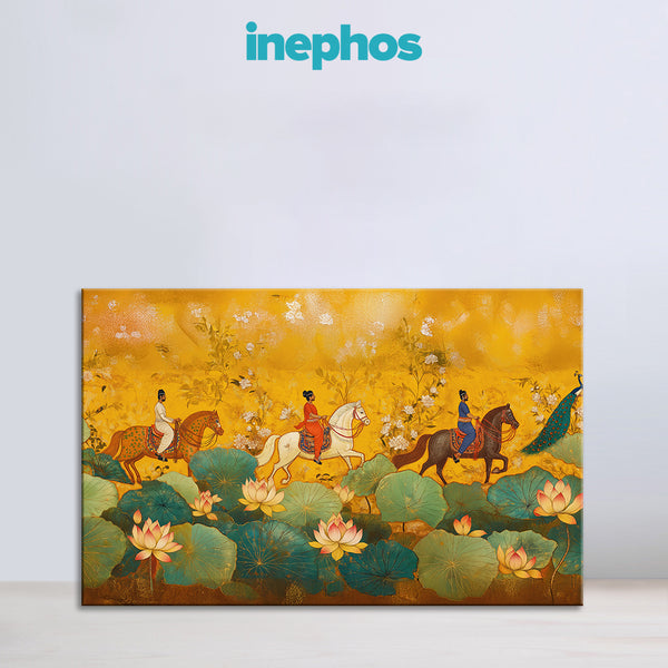 Royal Lotus Parade Painting | Rajasthani Traditional Canvas | Horses & Peacocks Wall Art for Home Décor