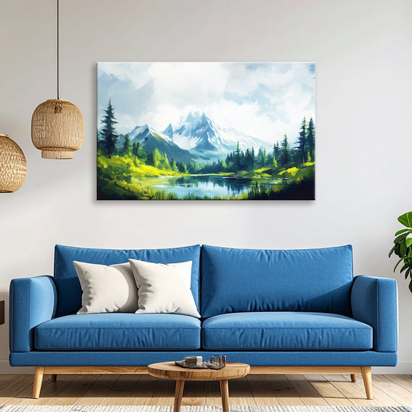 Tranquil Snowy Peaks Painting | Serene Mountain & Lake Canvas | Sky Forest Wall Art for Nature-Inspired Wall Décor