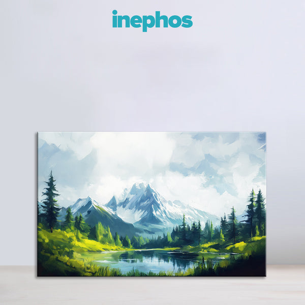 Tranquil Snowy Peaks Painting | Serene Mountain & Lake Canvas | Sky Forest Wall Art for Nature-Inspired Wall Décor