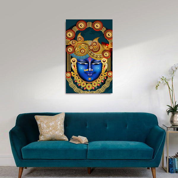 Shree Krishna Face Painting | Divine Blue Krishna in Royal Ornaments Canvas | Religious Spiritual God Wall Art for Home Décor
