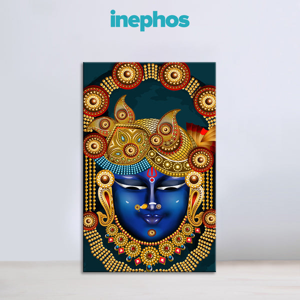 Shree Krishna Face Painting | Divine Blue Krishna in Royal Ornaments Canvas | Religious Spiritual God Wall Art for Home Décor