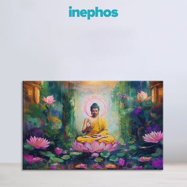 Buddha in Lotus Garden Painting | Serene Spiritual Canvas | Buddha Wall Art for Meditation & Home Decor