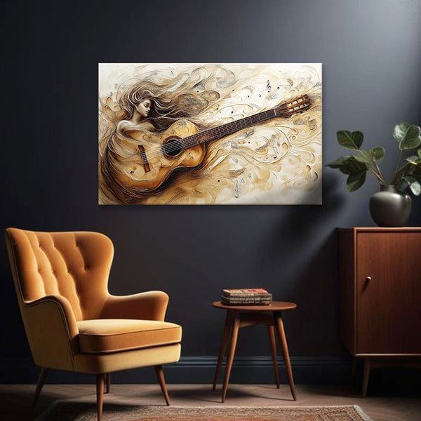 Guitar Melody Muse Painting | Artistic Music & Woman Musician Canvas | Rythmic Music Notes Wall Art for Living Room & Studio Decor