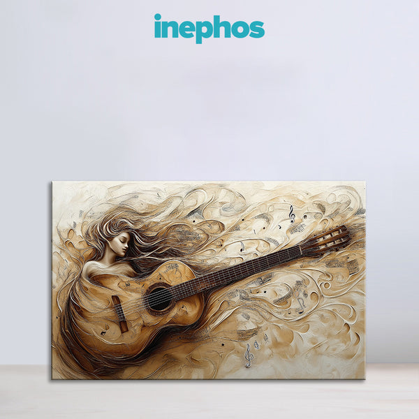 Guitar Melody Muse Painting | Artistic Music & Woman Musician Canvas | Rythmic Music Notes Wall Art for Living Room & Studio Decor