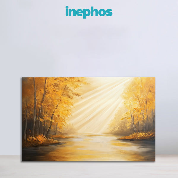 Golden Autumn Forest Glow Painting | Serene Nature Landscape Canvas | Gold & Yellow Trees Wall Art for Home & Office Decor
