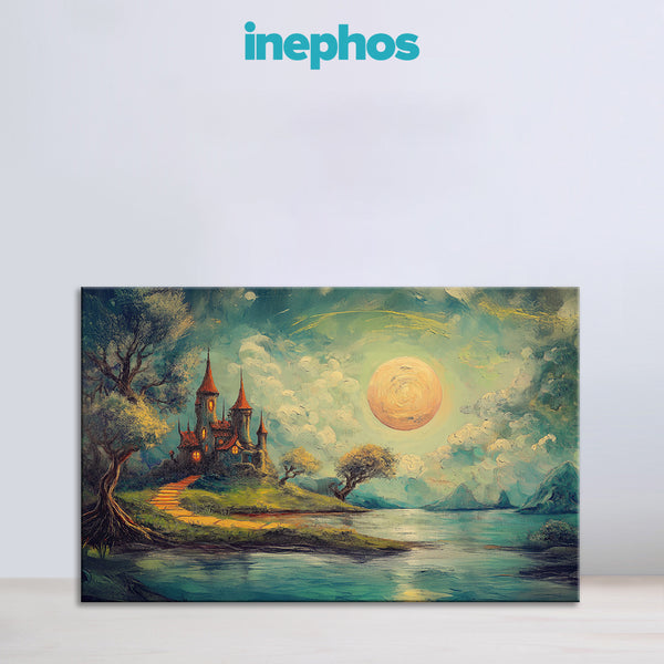 Enchanted Castle by the Lake Painting | Dreamy Fantasy Landscape Canvas | Fairy Tale Wall Art for Living Room & Kids Room Decor