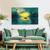 Solitary Boat in Sunset Lake Painting | Tranquil Nature Landscape Canvas | Green & Blue River Wall Art for Home & Office Decor