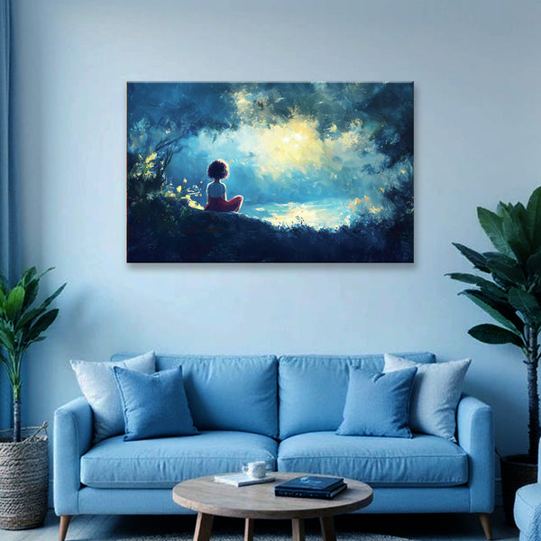 Girl by the Lake Painting | Dreamy Night Forest Canvas | Fantasy Wall Art for Bedroom & Reading Corners