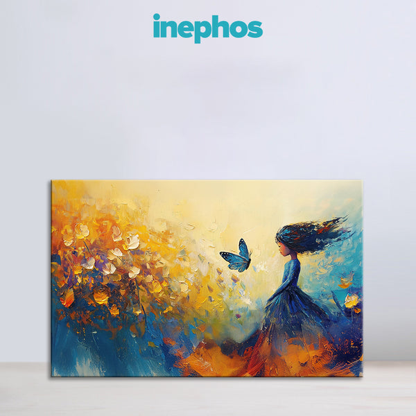 Girl & Butterfly Painting | Dreamy Yellow & Blue Oil Texture Canvas | Girl & Bird Fantasy Wall Art for Bedroom & Living Room Wall Decor