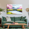 Cherry Blossom River Painting | Serene Bridge & Mountain View Canvas | Lake Landscape Wall Art for Living Room & Hall way