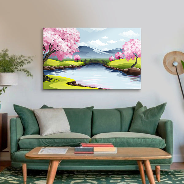 Cherry Blossom River Painting | Serene Bridge & Mountain View Canvas | Lake Landscape Wall Art for Living Room & Hall way