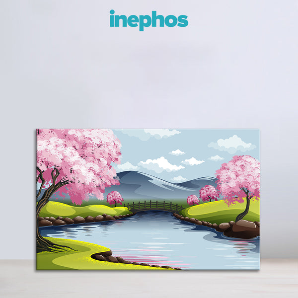 Cherry Blossom River Painting | Serene Bridge & Mountain View Canvas | Lake Landscape Wall Art for Living Room & Hall way