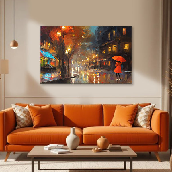 Evening Stroll in Rain Painting | Peaceful Night Cityscape Canvas | Woman with Red Umbrella Wall Art for Living Room Decor