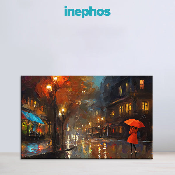 Evening Stroll in Rain Painting | Peaceful Night Cityscape Canvas | Woman with Red Umbrella Wall Art for Living Room Decor
