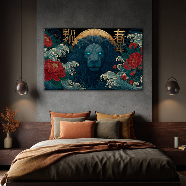 Majestic Chinese Lion Painting | Fierce Powerful Royal Animal Canvas | Golden Halo Wall Art with Flowers & Wave Motifs