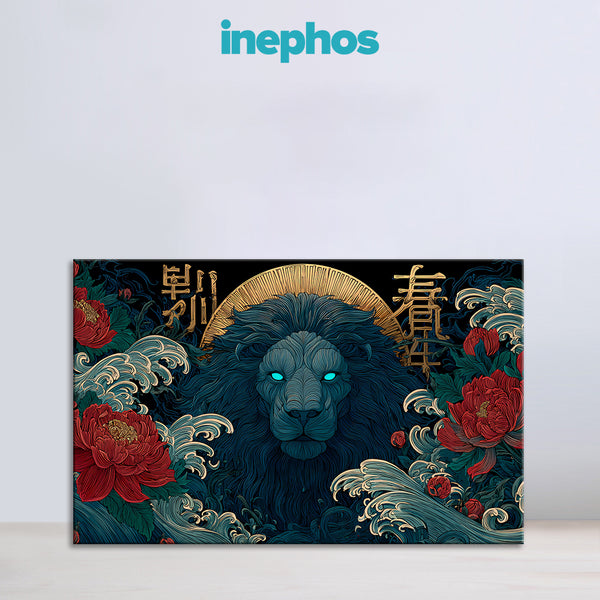 Majestic Chinese Lion Painting | Fierce Powerful Royal Animal Canvas | Golden Halo Wall Art with Flowers & Wave Motifs