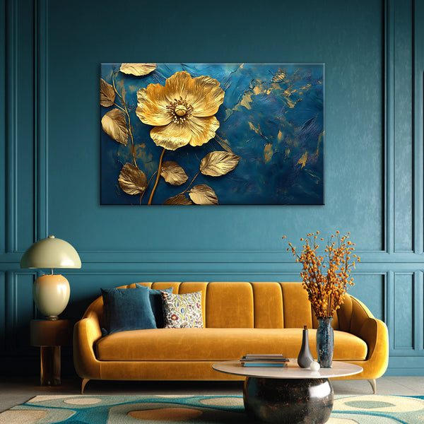 Golden Floral Painting | 3D Textured Flower on Blue Canvas | Luxury Botanical Wall Art for Living Room & Elegant Home Décor