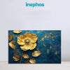 Golden Floral Painting | 3D Textured Flower on Blue Canvas | Luxury Botanical Wall Art for Living Room & Elegant Home Décor