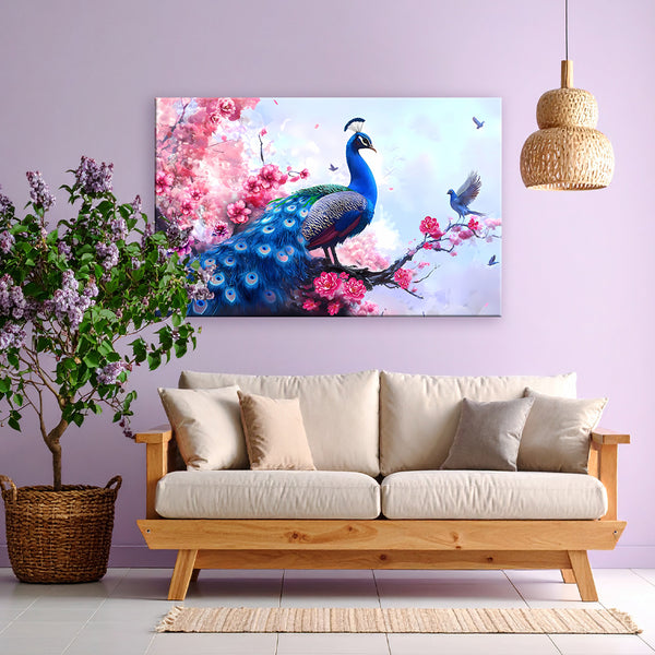 Vastu Peacock Painting | Beautiful Blue Peacock Dancing Canvas | Elegant Floral Bird Wall Art for Living Room & Entrance Décor