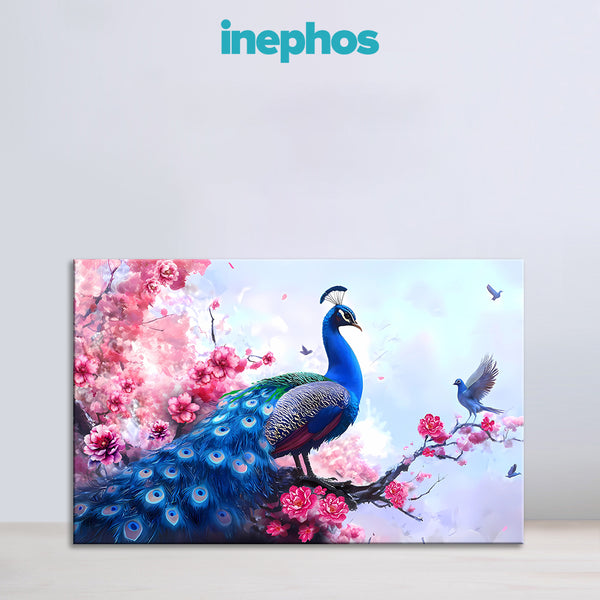 Vastu Peacock Painting | Beautiful Blue Peacock Dancing Canvas | Elegant Floral Bird Wall Art for Living Room & Entrance Décor
