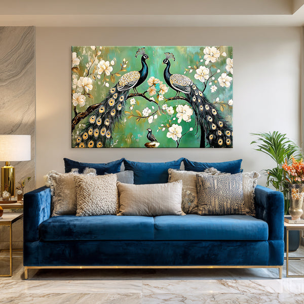 Royal Peacocks Painting | Elegant Nature-Inspired Birds on Flowering Tree Canvas | Vastu Green & White Floral Dancing Peacocks Wall Art for Living Room & Hallway Décor