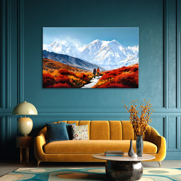 Adventurers in Autumn Painting | Scenic Snow Mountain Landscape Canvas | Hikers in Red Forest & White Mountain Peaks Wall Art for Living Room & Bedroom Décor