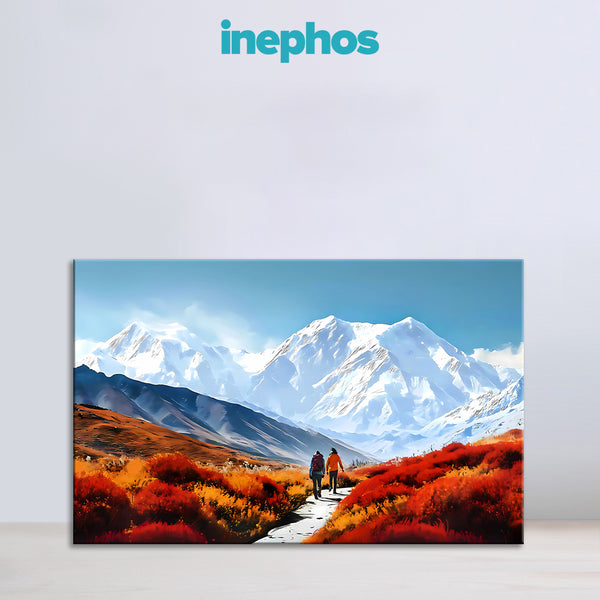 Adventurers in Autumn Painting | Scenic Snow Mountain Landscape Canvas | Hikers in Red Forest & White Mountain Peaks Wall Art for Living Room & Bedroom Décor