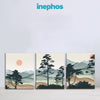 Three-panel landscape artwork with trees and mountains, featuring the brand 'inephos'.
