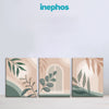 Three abstract wall art pieces with green leaves on a light blue background, featuring the brand 'inephos'.