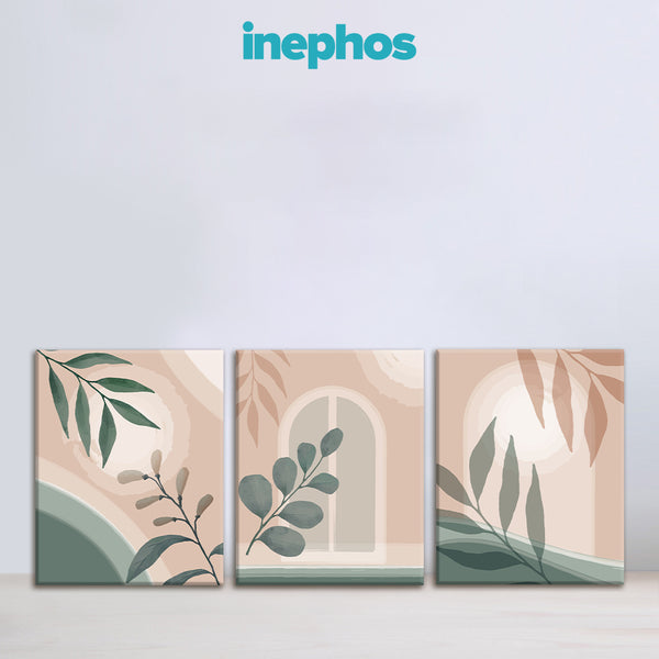 Three abstract wall art pieces with green leaves on a light blue background, featuring the brand 'inephos'.
