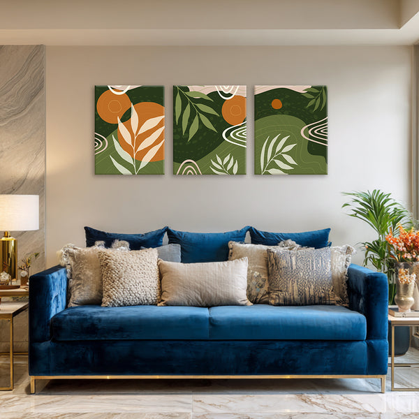 Vibrant Nature Harmony | 3 Panel Abstract Botanical Canvas Painting | Wall Art for Home & Office Decor
