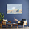 Living room with two chairs, a coffee table, and a landscape painting on a blue wall.