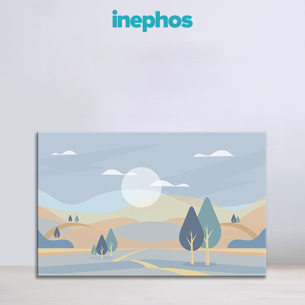 Framed landscape artwork with trees and mountains on a light blue background, featuring the brand 'inephos'.