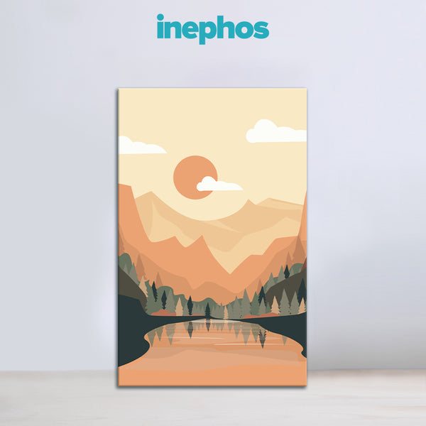 Canvas print of a mountain landscape with a lake and sunset, featuring the brand 'inephos'.