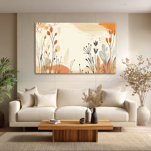 Living room with a beige sofa, wooden coffee table, and abstract wall art.