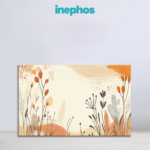 Decorative wall art with floral design and 'inephos' branding on a light gray background